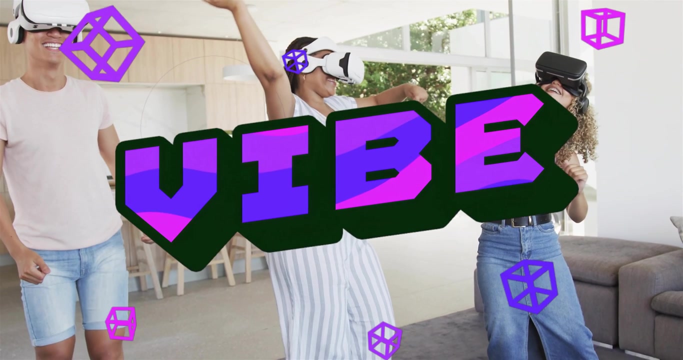 Vertikales Video: Drei Erwachsene mit VR-Headsets bewegen sich zu Hause, Headsets starten VIBE-Würfel-Spiel.