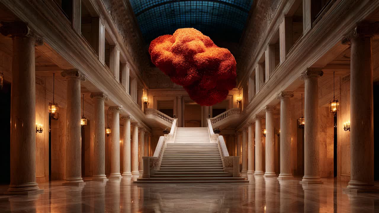 A Captivating Installation in a Grand Hall: This Art Piece Features an Intricate Orange Cloud Suspended Above Majestic Staircases Surrounded by Elegant Columns and Soft Lighting