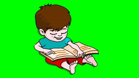 animación de ciclo de lectura. el niño está sentado aprendiendo a leer. niño pequeño con cabello marrón, pantalones cortos, tendido en el suelo. personaje de dibujos animados. niño descalzo sosteniendo un libro grande en sus brazos. pantalla verde de bucle 2d