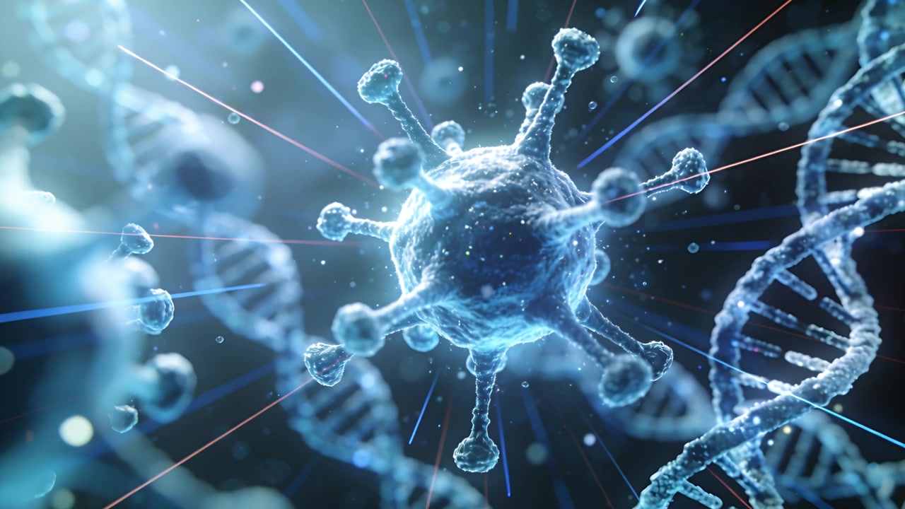 Roterende centralt virion i mikroskopisk visning afslører pigge, dråber under zoom med DNA-helix til højre.