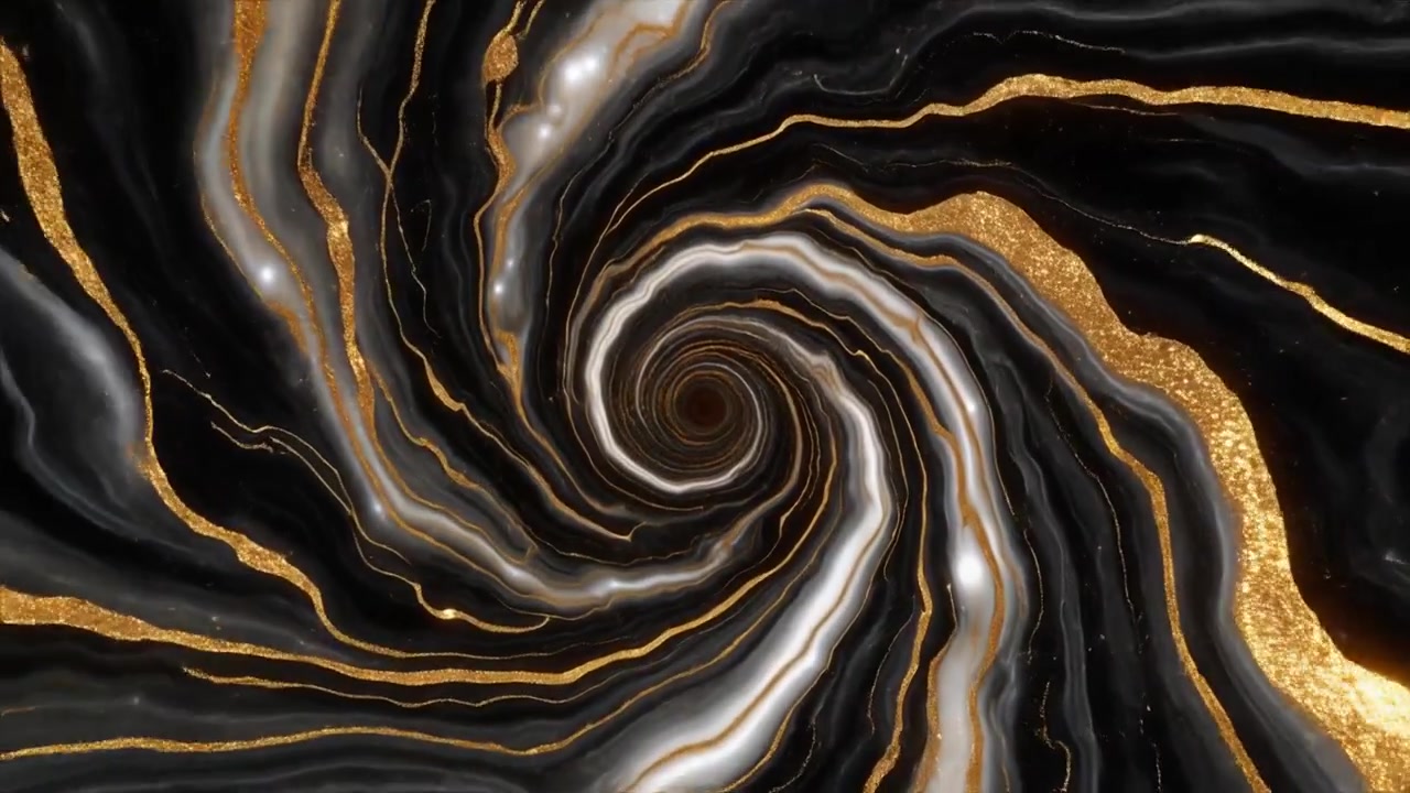 Movimento a spirale astratto di marmo bianco e nero con glitter dorati