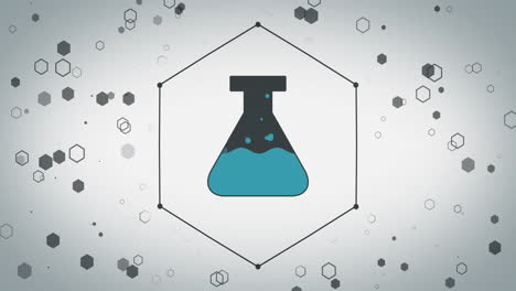 animation of beaker icon over hexagons on white background