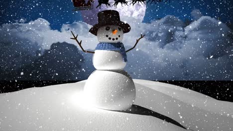 Animation-of-snow-falling-over-smiling-snowman-in-winter-scenery