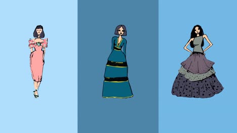 animation of fashion drawings of model on blue background