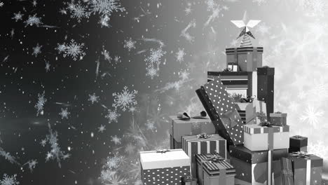 snow falling and christmas presents