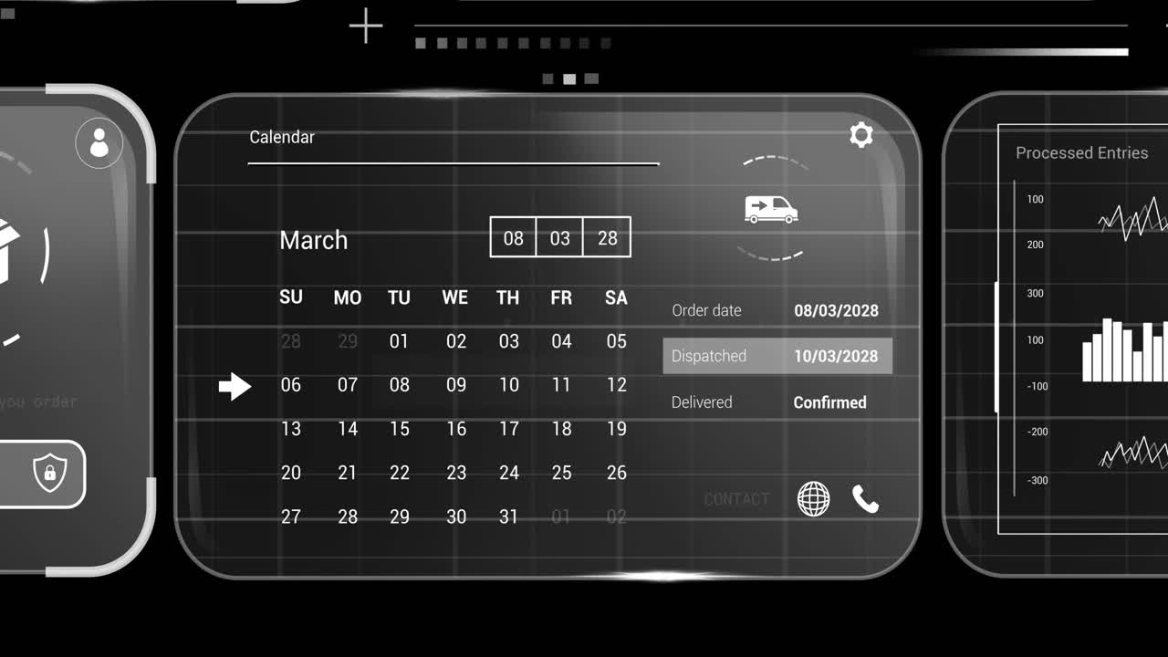Animation of digital interface and data processing on black background