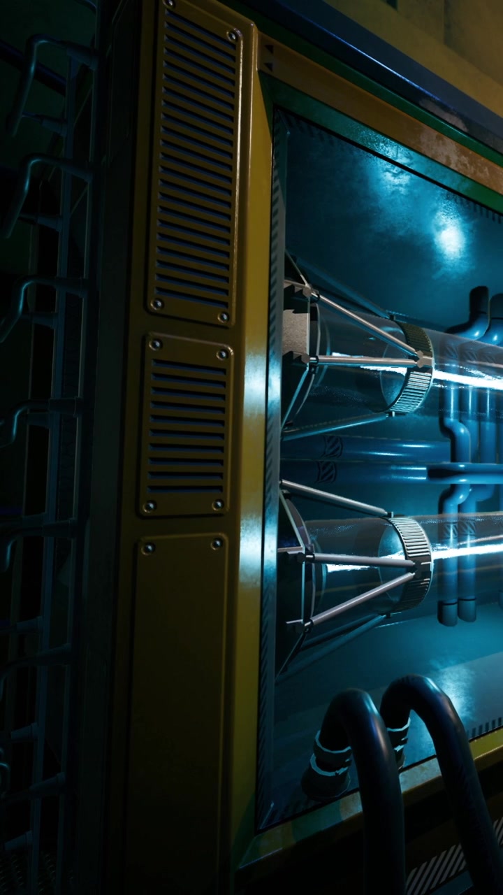 Industrial machine with glowing tubes in a factory setting at night
