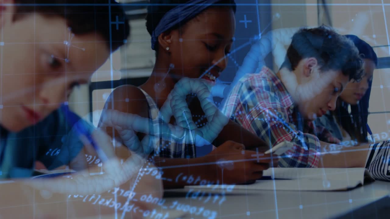 During science lesson students writing while DNA helix drifting across frame highlighting genetics