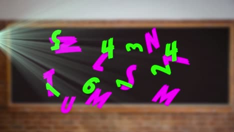 animation of changing green numbers and pink letters and lightbeams over classroom chalkboard