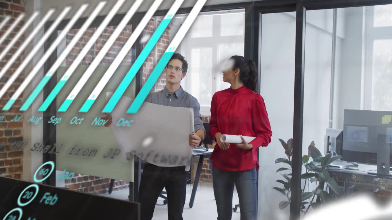 Animación del procesamiento de datos financieros sobre diversas personas de negocios en la oficina