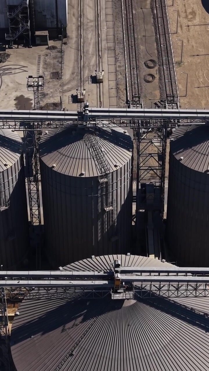 Silos per grano disposti in file presso un grande impianto di stoccaggio durante il giorno