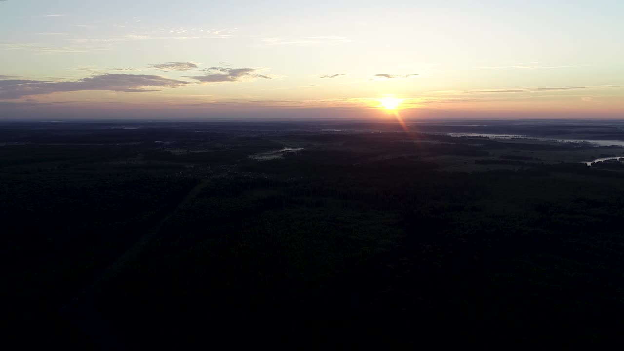 아름다운 아침 숲 위를 날아다니며 새벽의 빛에