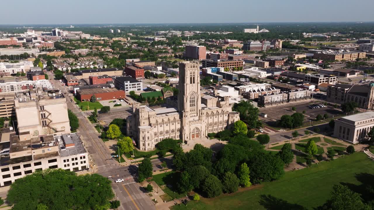 Aerial Establishing Drone Shot Above Scottish Rite Cathedral. Indianapolis, Indiana