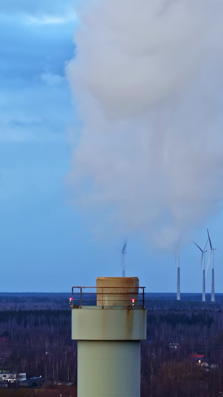 En industriskorsten udsender en stor dampsky mod en baggrund af vindmøller og skovlandskab.
