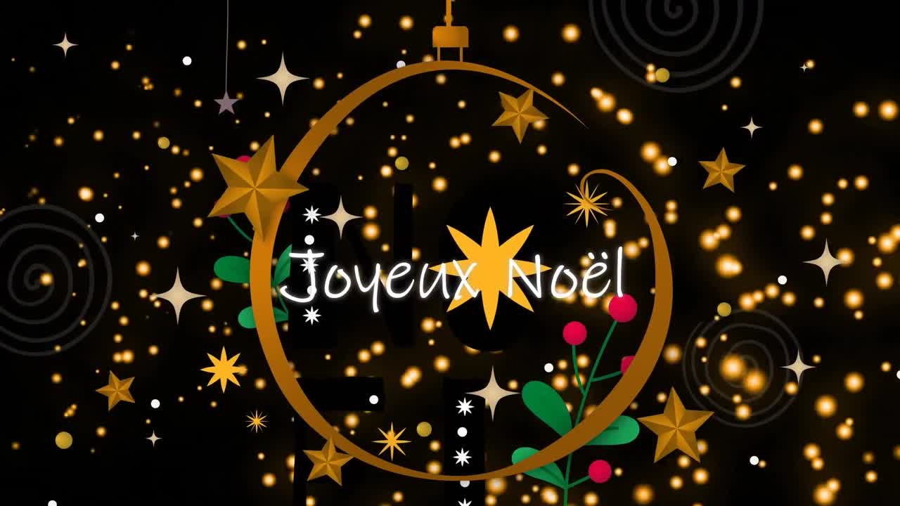 Animation de points lumineux sur le texte "joyeux noël" dans une boule de noël sur fond noir