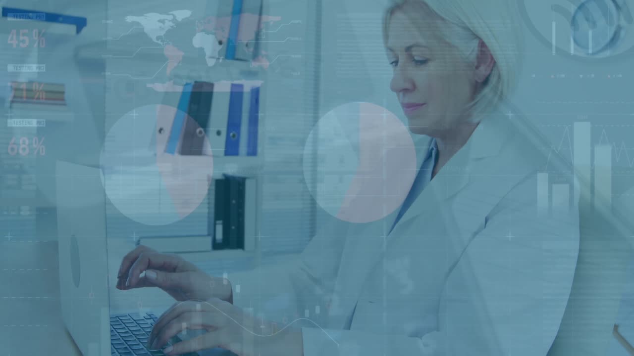 animación de la interfaz infográfica sobre una doctora caucásica escribiendo en el teclado de una computadora portátil