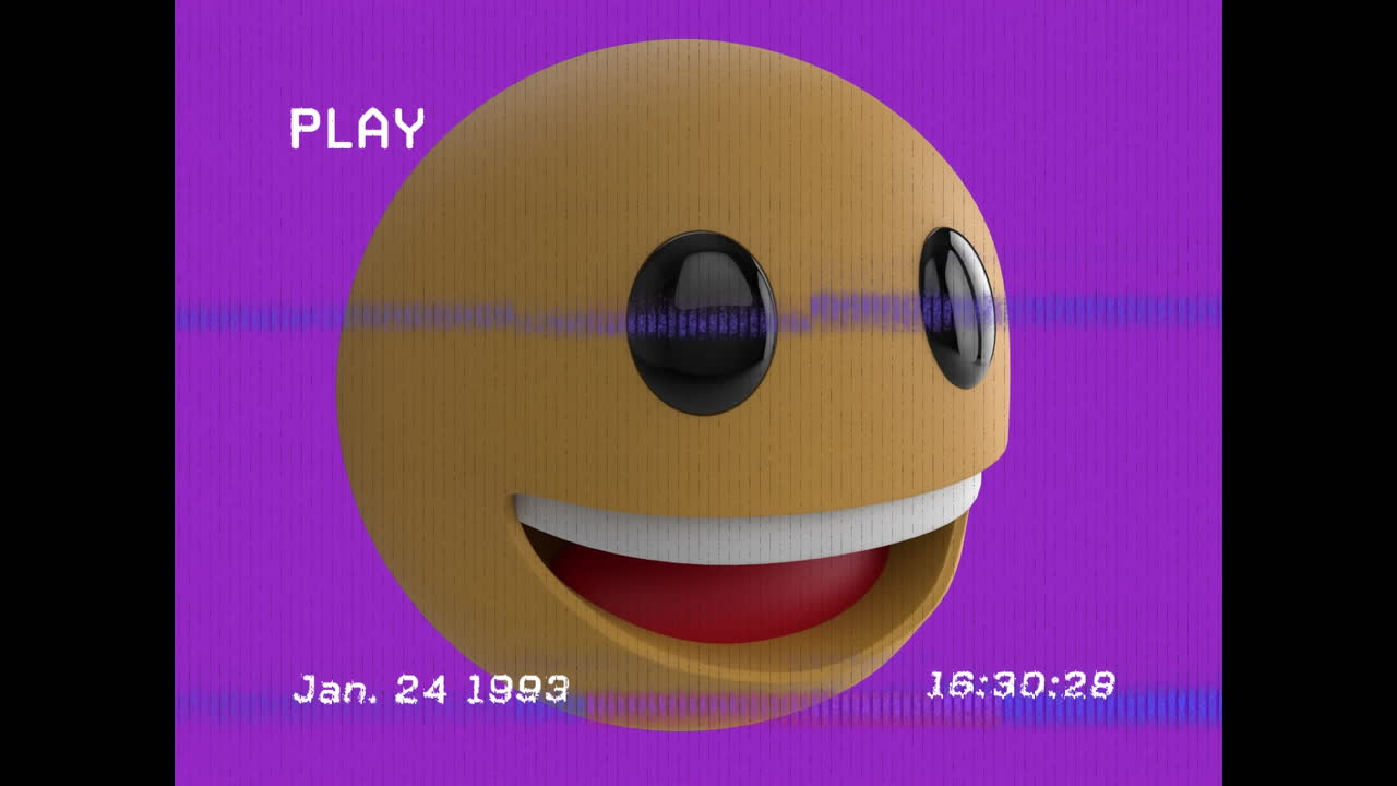 Animation of happy emoji over play screen on purple and white background