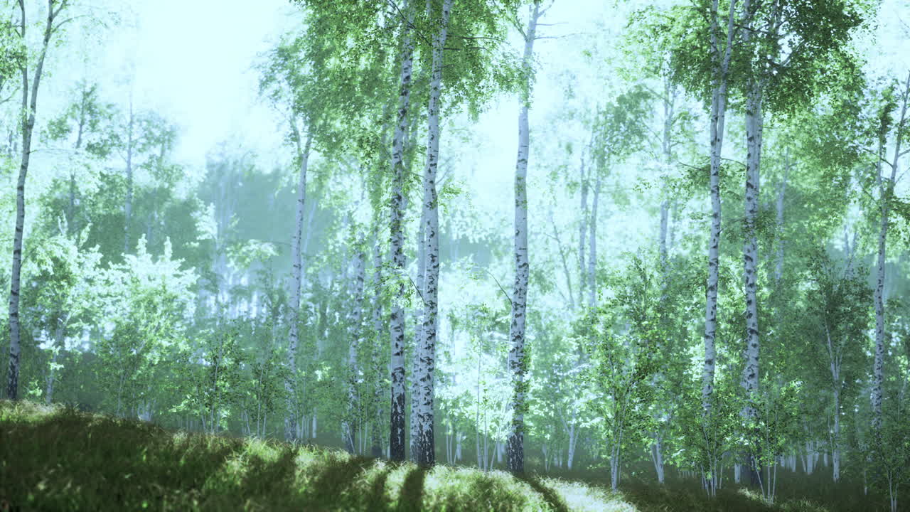 Summery birch grove during a foggy sunrise