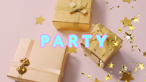 animación del texto de la fiesta sobre regalos y estrellas doradas en fondo rosa