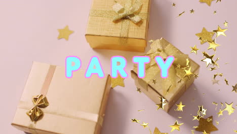 animation of party text over gifts and gold stars on pink background