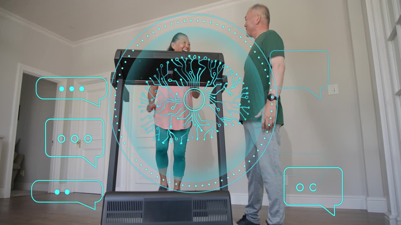 woman stepping onto treadmill while man tuning console and starting teal AI icons guiding fitness