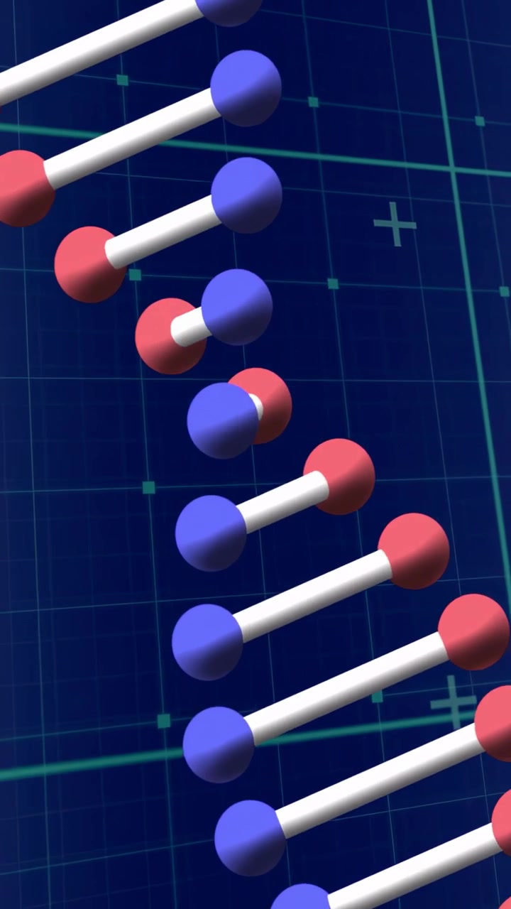 Video vertical: Esferas 3D rojas y azules flotando, emparejándose y uniéndose en una escalera que se retuerce en una hélice.