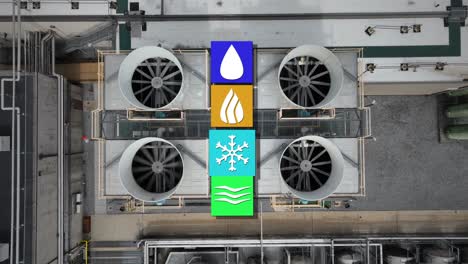 vista aérea de un sistema de refrigeración con cuatro grandes ventiladores e iconos coloridos que representan elementos de agua, fuego, frío y aire, ubicados en un techo