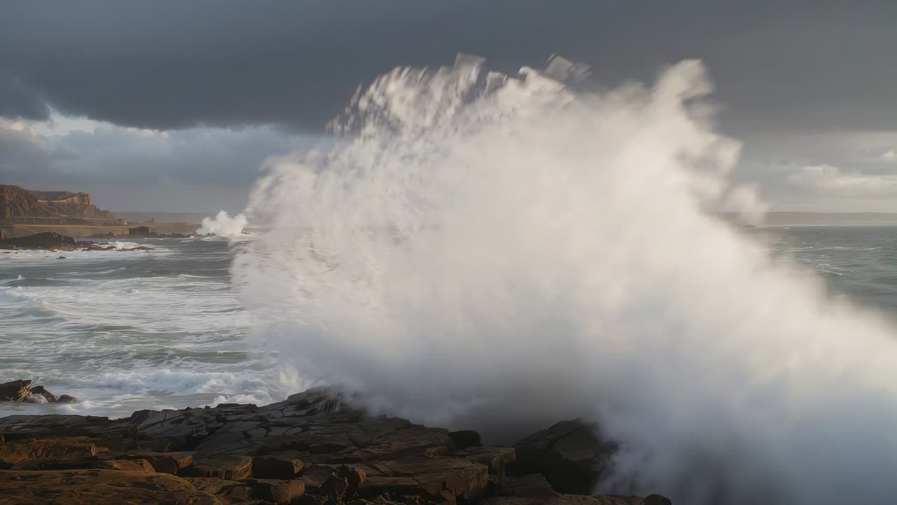 Swell striking, large ocean wave crashing rocky shoreline, exploding into towering white spray