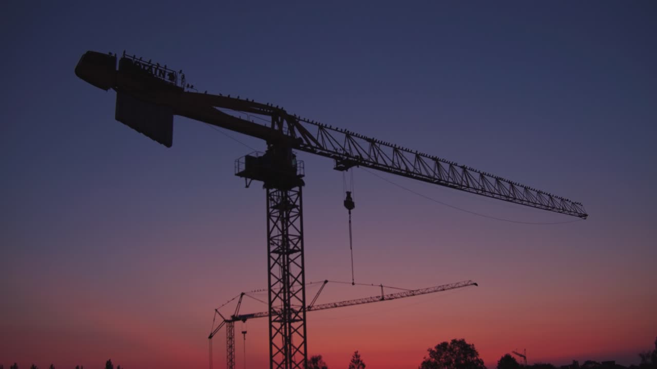 grúas de construcción con pájaros al atardecer
