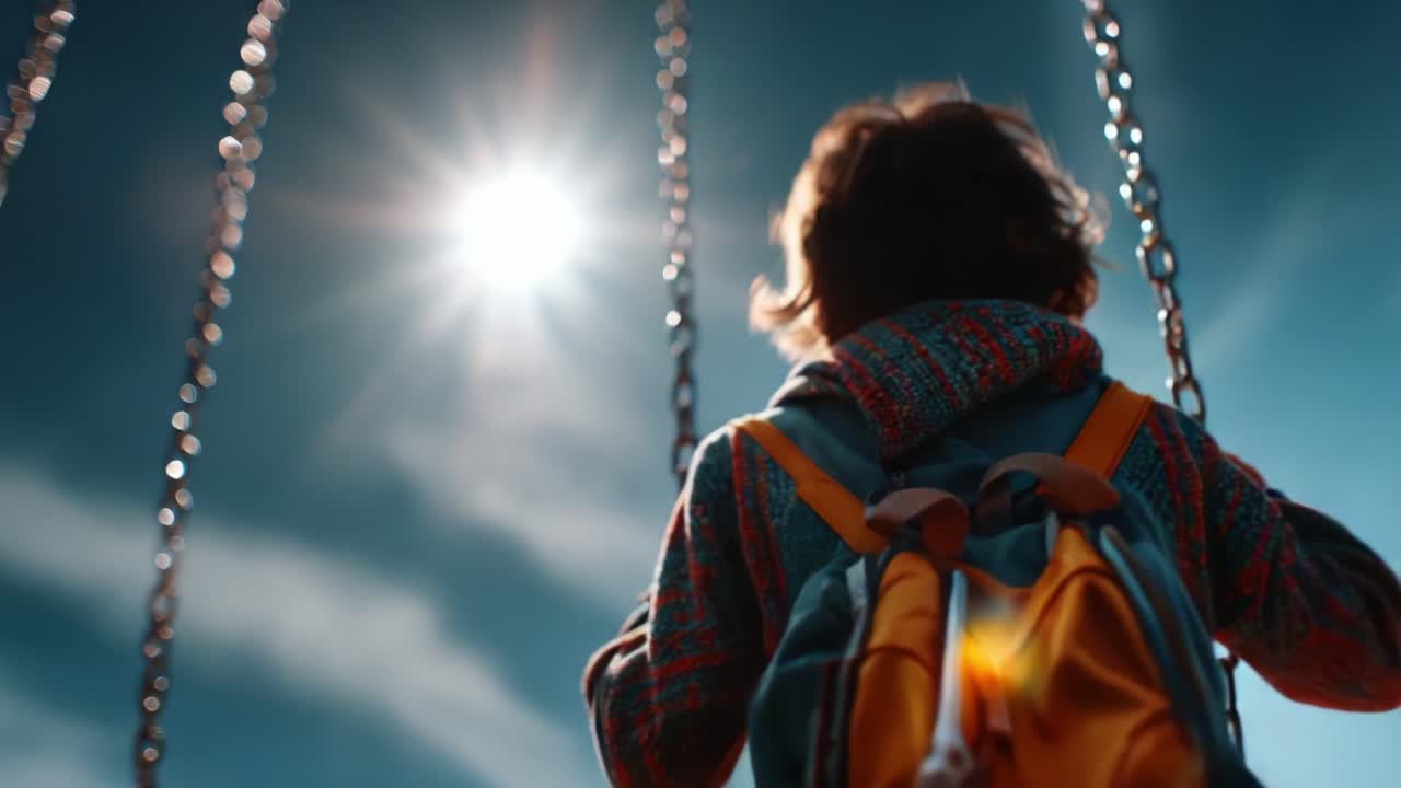 A Backlit Child on a Swing: Capturing the Joy of Childhood Play Against a Bright Blue Sky and Radiant Sunlight Invoking Feelings of Freedom and Adventure