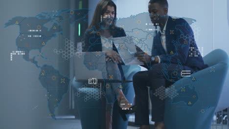 animation of financial data processing over diverse business people in office