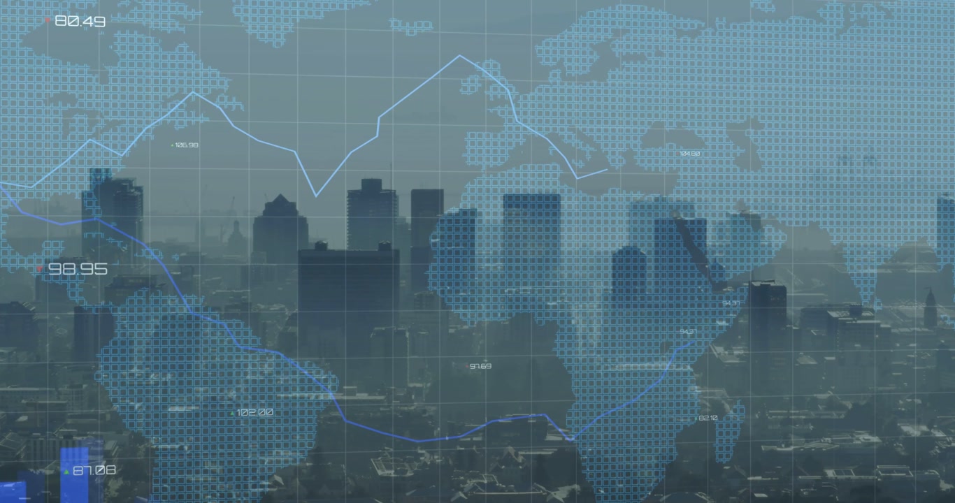 Skyline blending finance data, rising bars starting overlays from bottom as line graphs tracing map