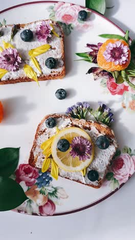 floral toast with berries and lemon