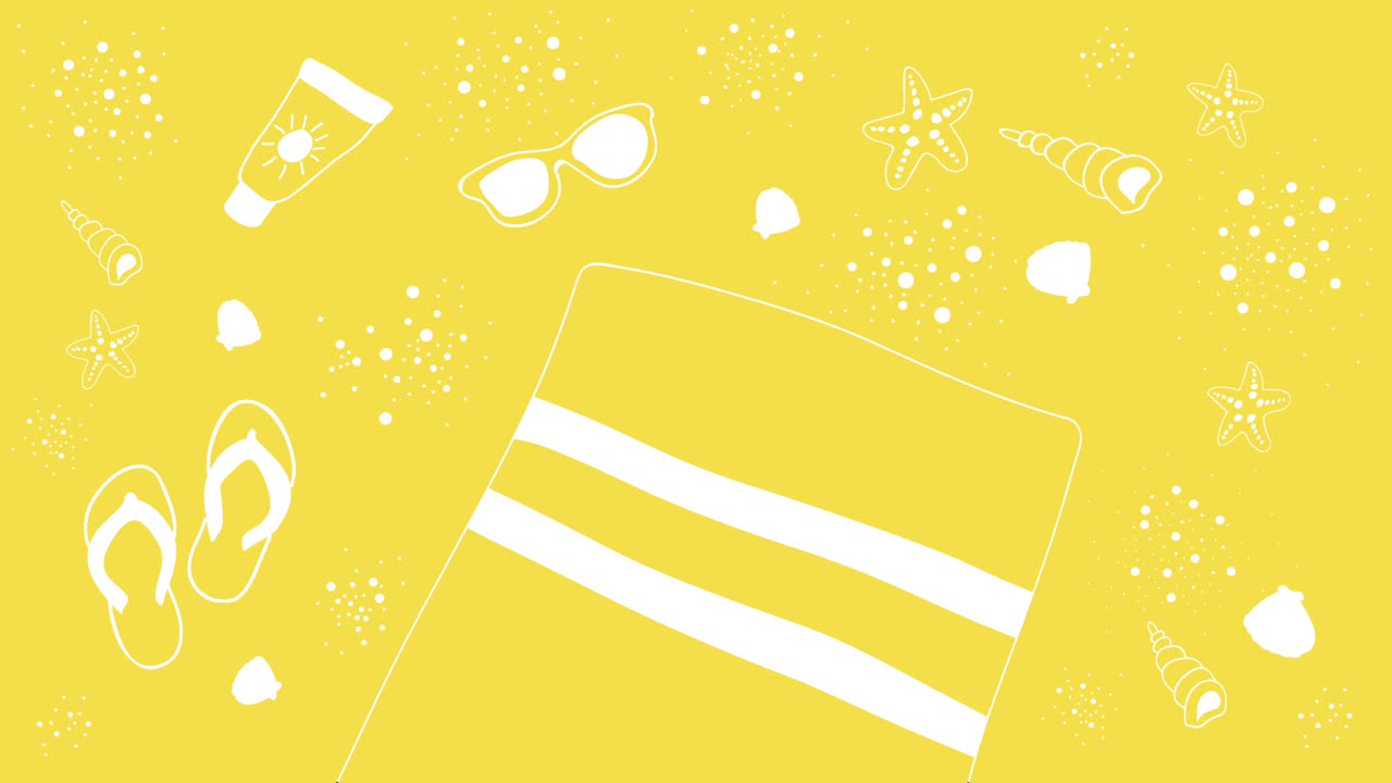 노란색에 흰색 손으로 그린 해변 개체와 애니메이션 여름 배경