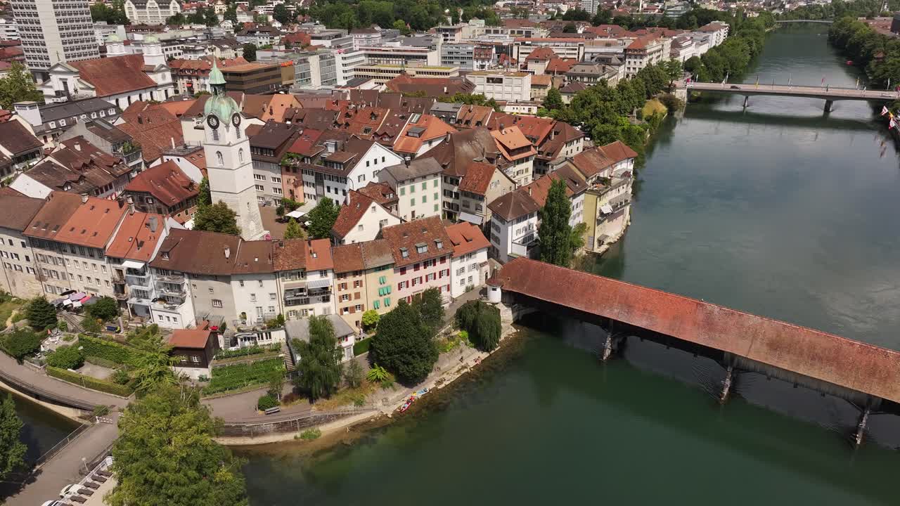 Aerial view of Olten, Solothurn, Swiss town, river bridge, charming roofs