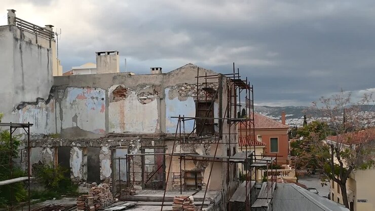 Damaged buildings in Athens, Greece