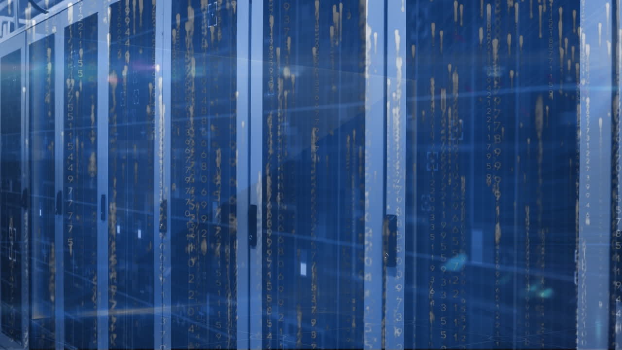 컴퓨터 서버 방에 대한 빛 트레일, 이진 코딩 및 빛 트레일의 애니메이션