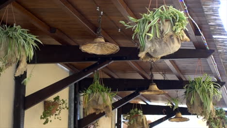 view of some pots hanging from a wooden structure roof and beaten by a strong wind in a winter day. pots and lights are oscillating under the wind