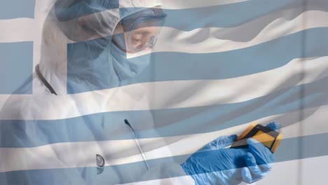 Greek-flag-waving-against-female-scientist-holding-temperature-gun