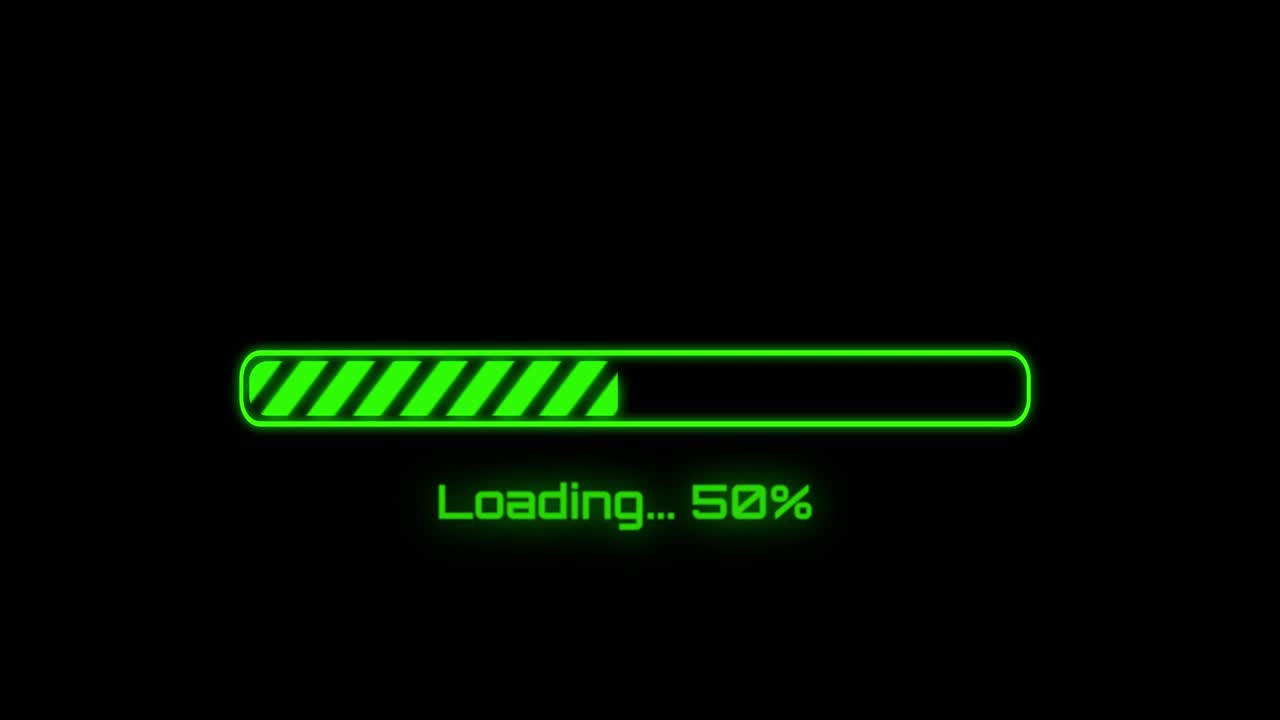 2D motion. Full download bar with loading message flashing while waiting.