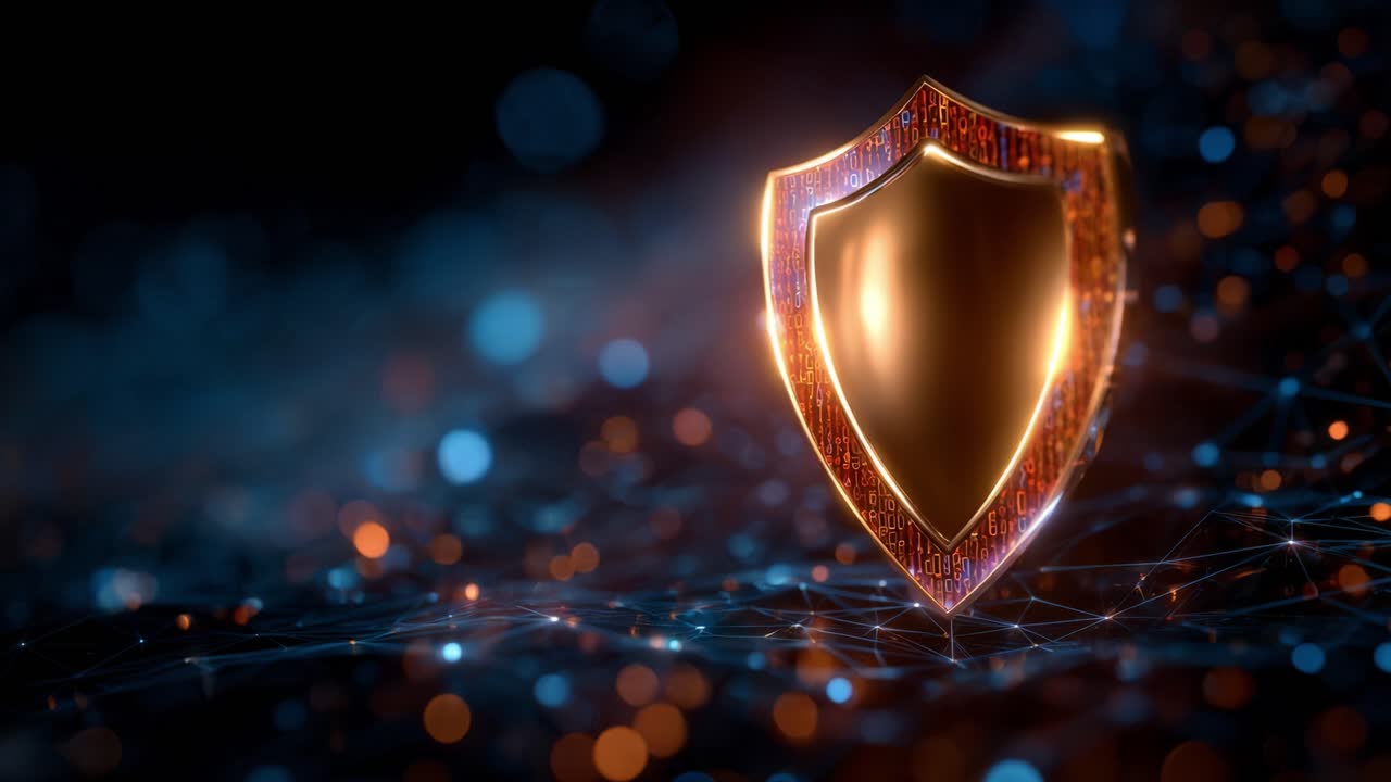 A Stunning Digital Shield Surrounded by Abstract Network Connections, Symbolizing Security and Protection in the Digital Age with Vibrant Lights and Colors