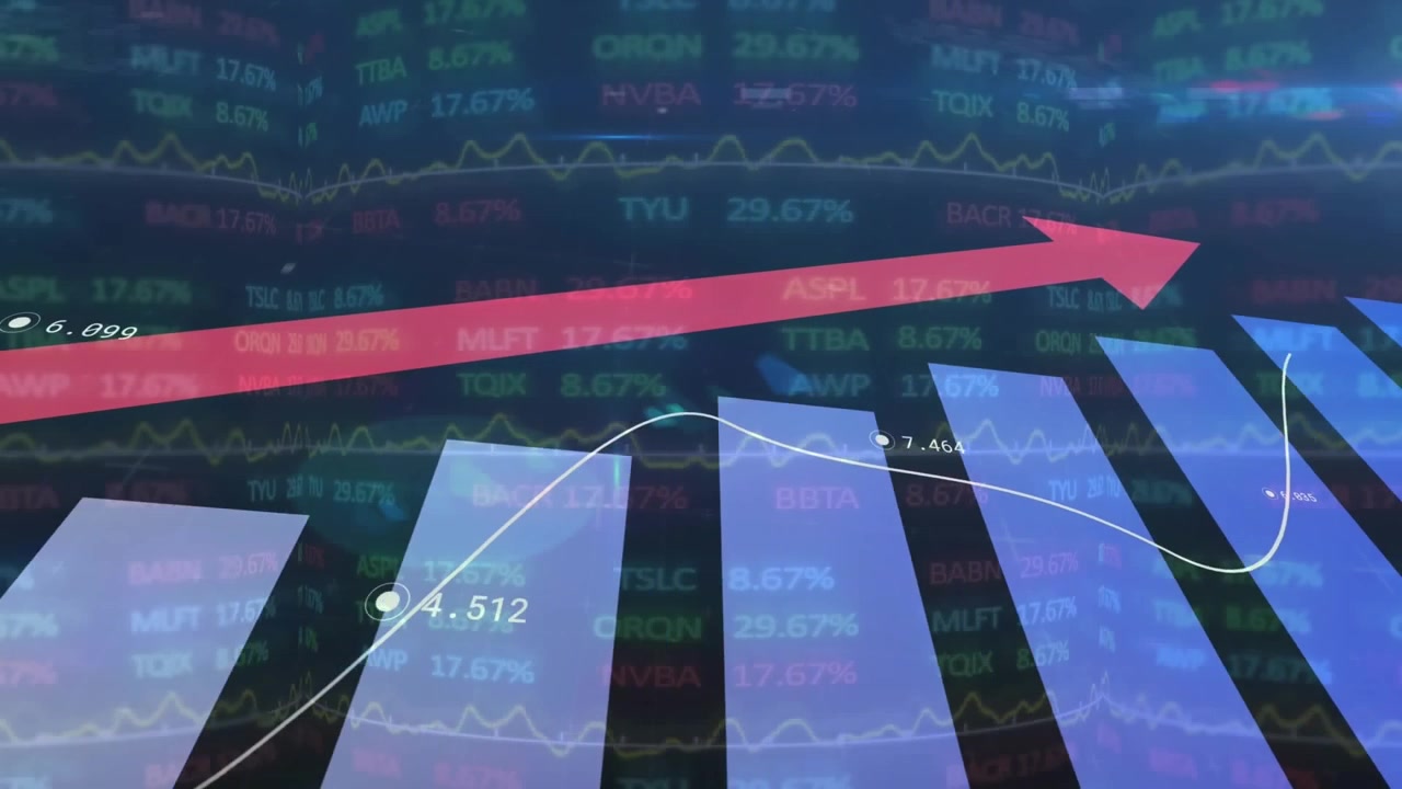 Animation of statistical and stock market data processing against black background