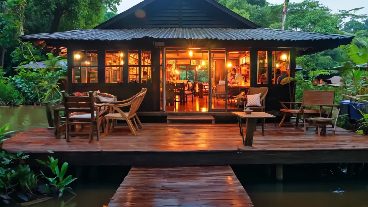 강 한가운데 에 있는 작은 섬 에 있는 식당 으로 가는 나무 의 도크