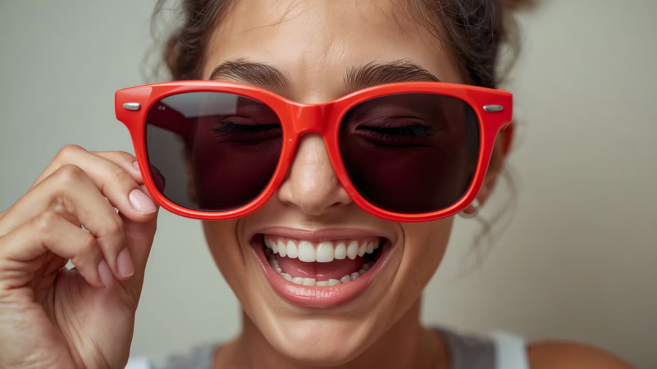 Mujer tocándose la sien izquierda, bajándose las gafas de sol rojas y riendo en casa, con camiseta de tirantes blanca