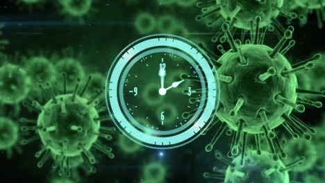 Animation-of-clock-rotating-over-green-covid-19-cells,-on-black
