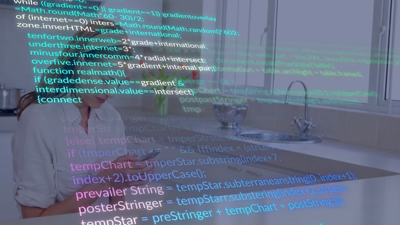 In kitchen, person using smartphone with animation of programming code overlay
