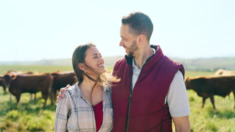 Portrait,-love-and-happy-couple-on-a-cattle-farm