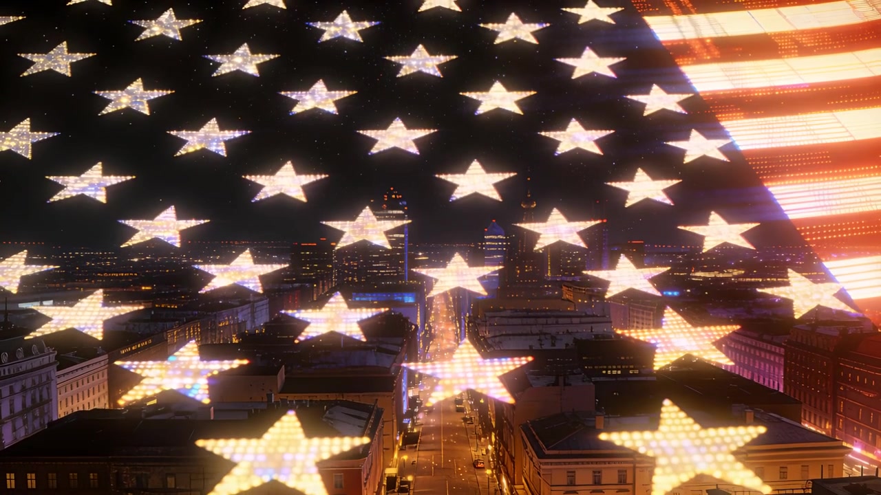 Campo stellato della bandiera americana che appare, pulsante e splendente, sopra un viale del centro, formando una sovrapposizione della bandiera.