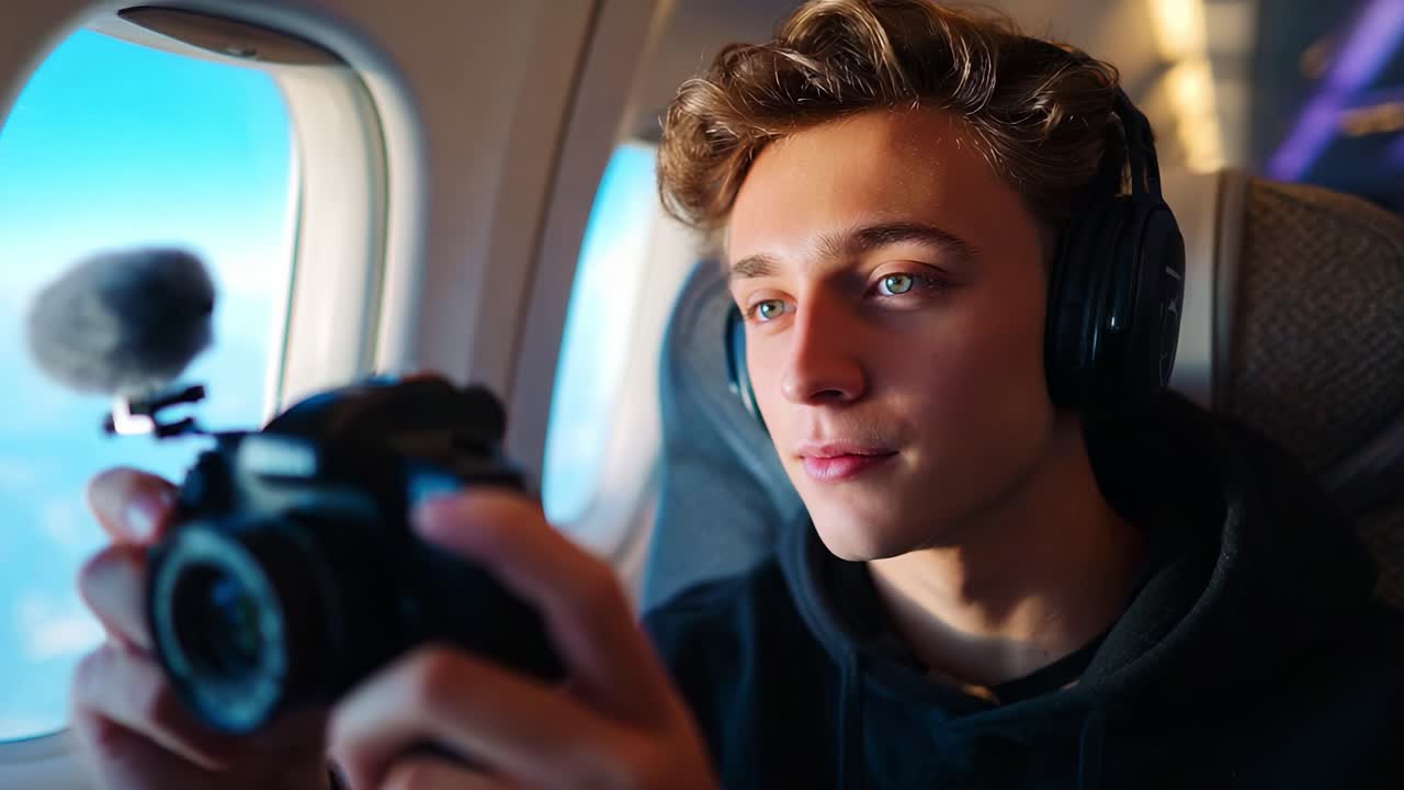 A Young Man Engaged in Photography While Traveling on an Airplane, Capturing Scenic Views Through a Window with a Camera in His Hands and Wearing Headphones, Enthralled by the Experience Above the Clouds