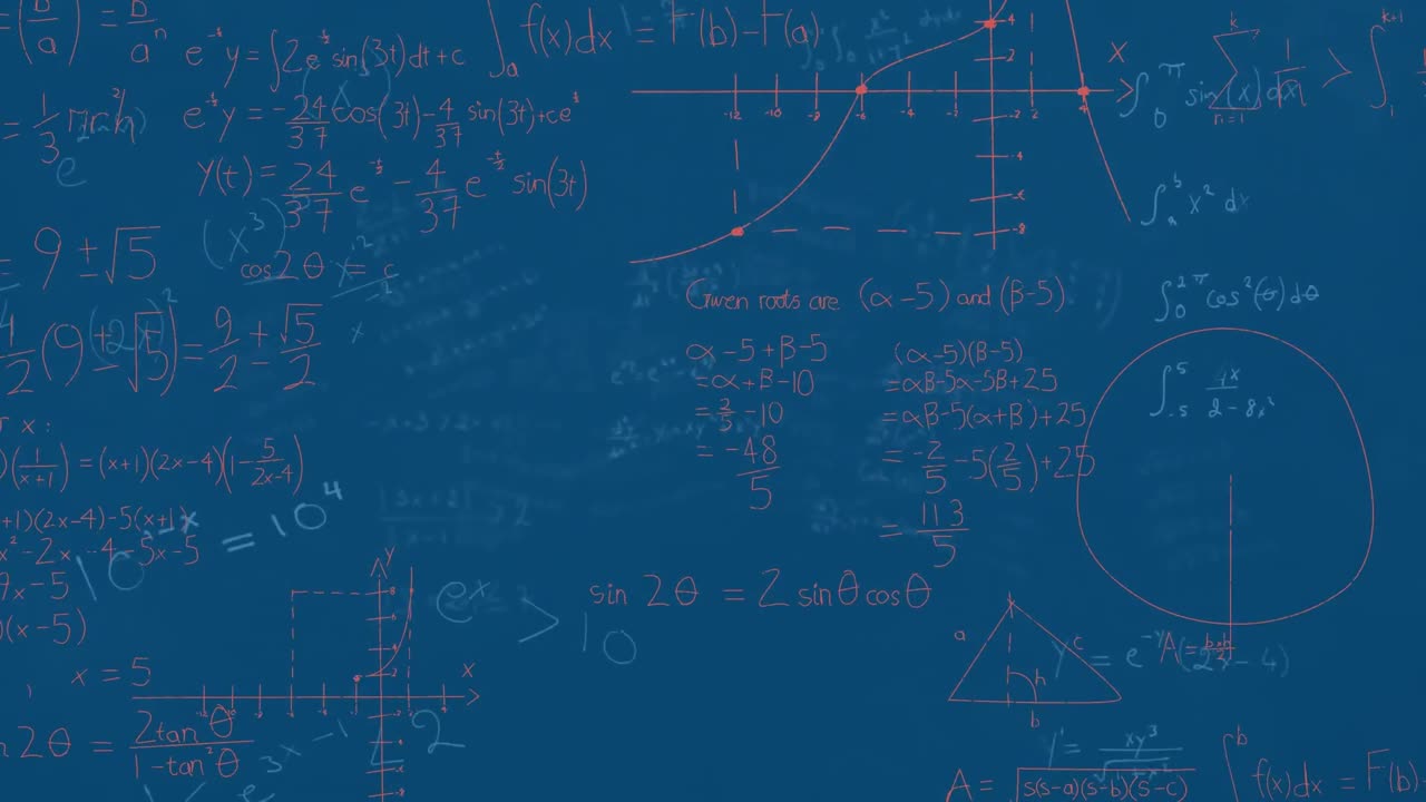Animation of mathematical equations and diagrams floating against blue background
